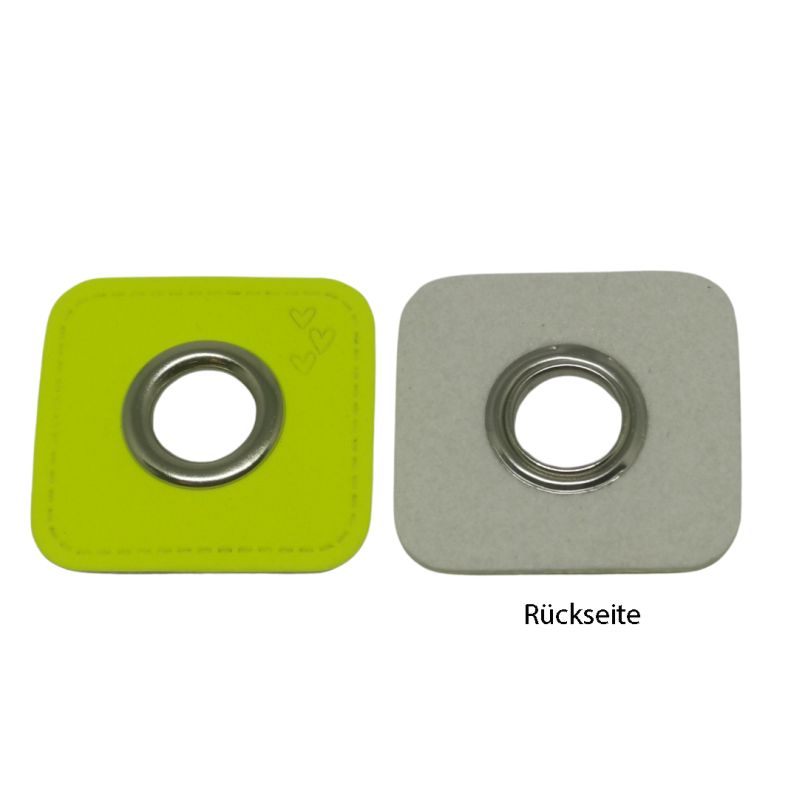 Kreativartikel.ch Ösenpatch 32mm x 32mm Neon Gelb mit Herzen 628 4108 000 Rückseite