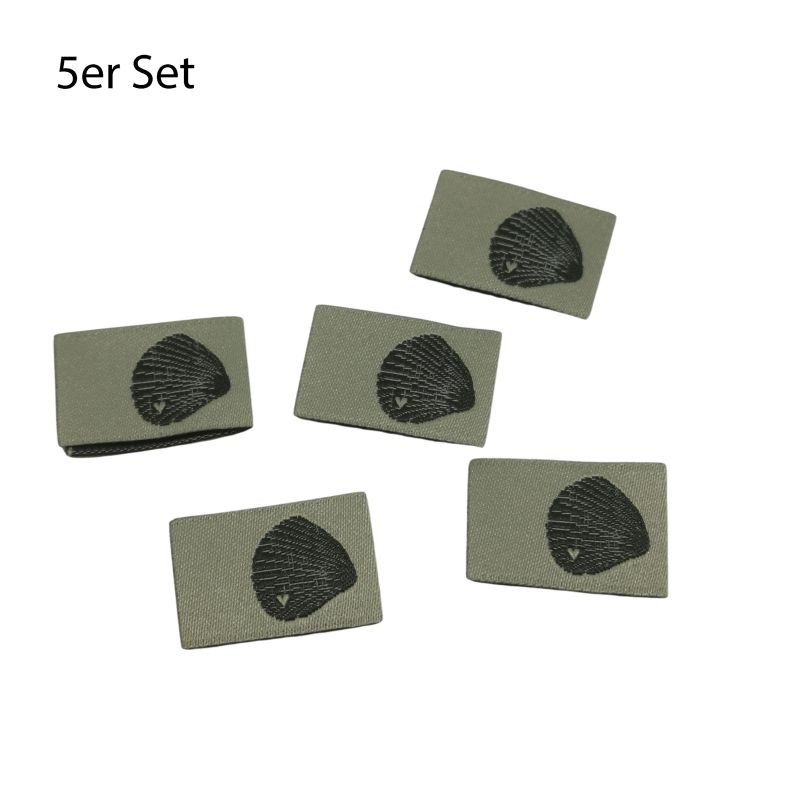 5er Set Weblabel zum einnähen Muschel mit Herz 22 x 15mm