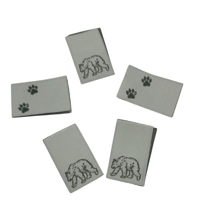 5er Set Weblabel zum Einnähen Bär mit Tatze 15 x 25mm