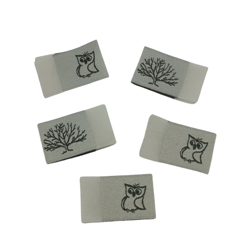 5er Set Weblabel zum Einnähen mit Annähkante Eule und Baum 15 x 25mm 25mm