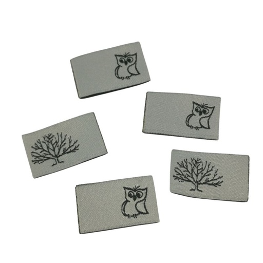 [630 9945 000] 5er Set Weblabel zum Einnähen Eule und Baum 25 x 15mm