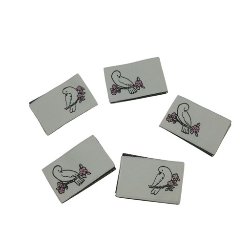 [630 9953 000] 5er Set Weblabel zum Einnähen Vogel auf Ast 20 x 30mm