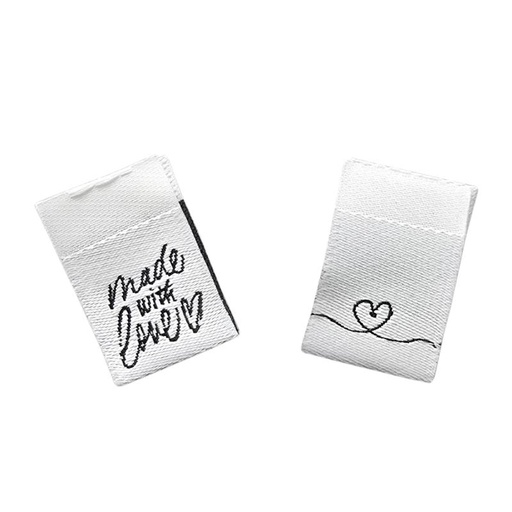 [630 2242 000] Weblabel Herz und Handmade with love zum Einnähen 15 x 22 mm mit Annähkante