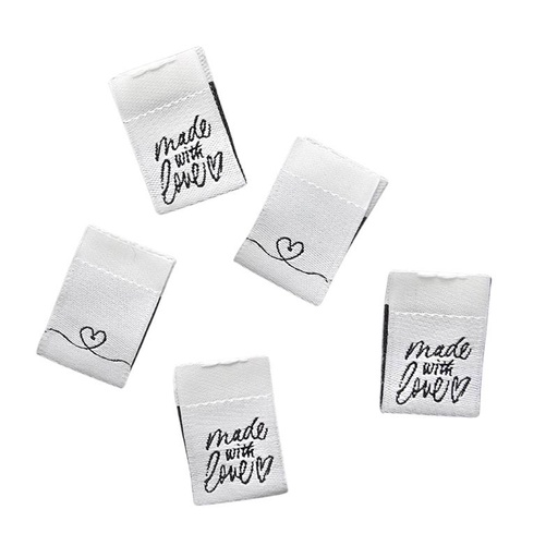 [630 9974 000] 5er Set Weblabel Herz und Handmade with love zum Einnähen 15 x 22 mm mit Annähkante