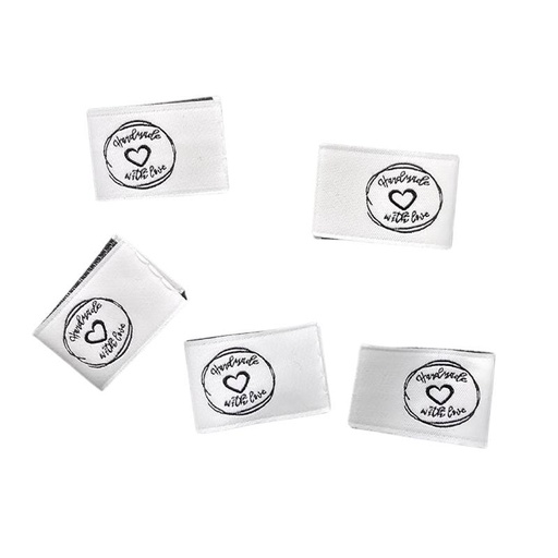[630 9972 000] 5er Set Weblabel Handmade with love zum Einnähen (Seitlich) 15 x 22 mm
